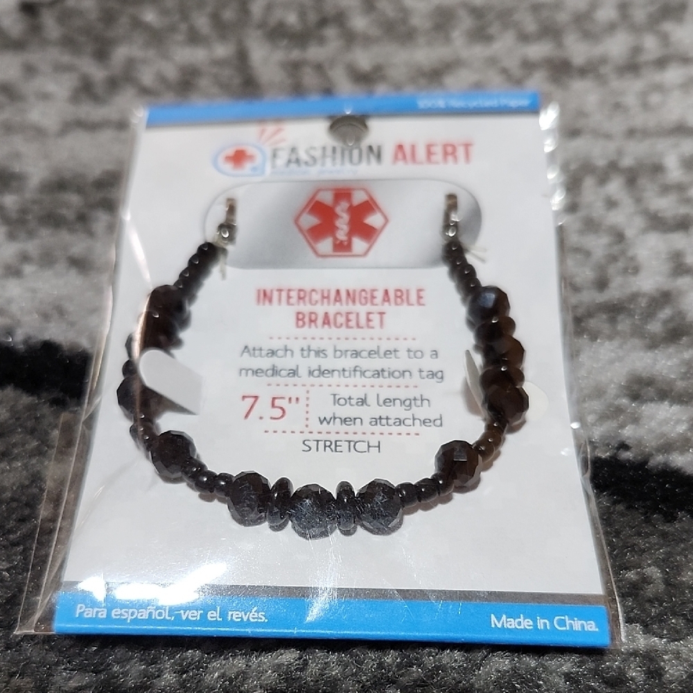 FASHION ALERT INTERCHANGEABLE BLACK BEADED STRETCH MEDICAL BRACELET 7.5"